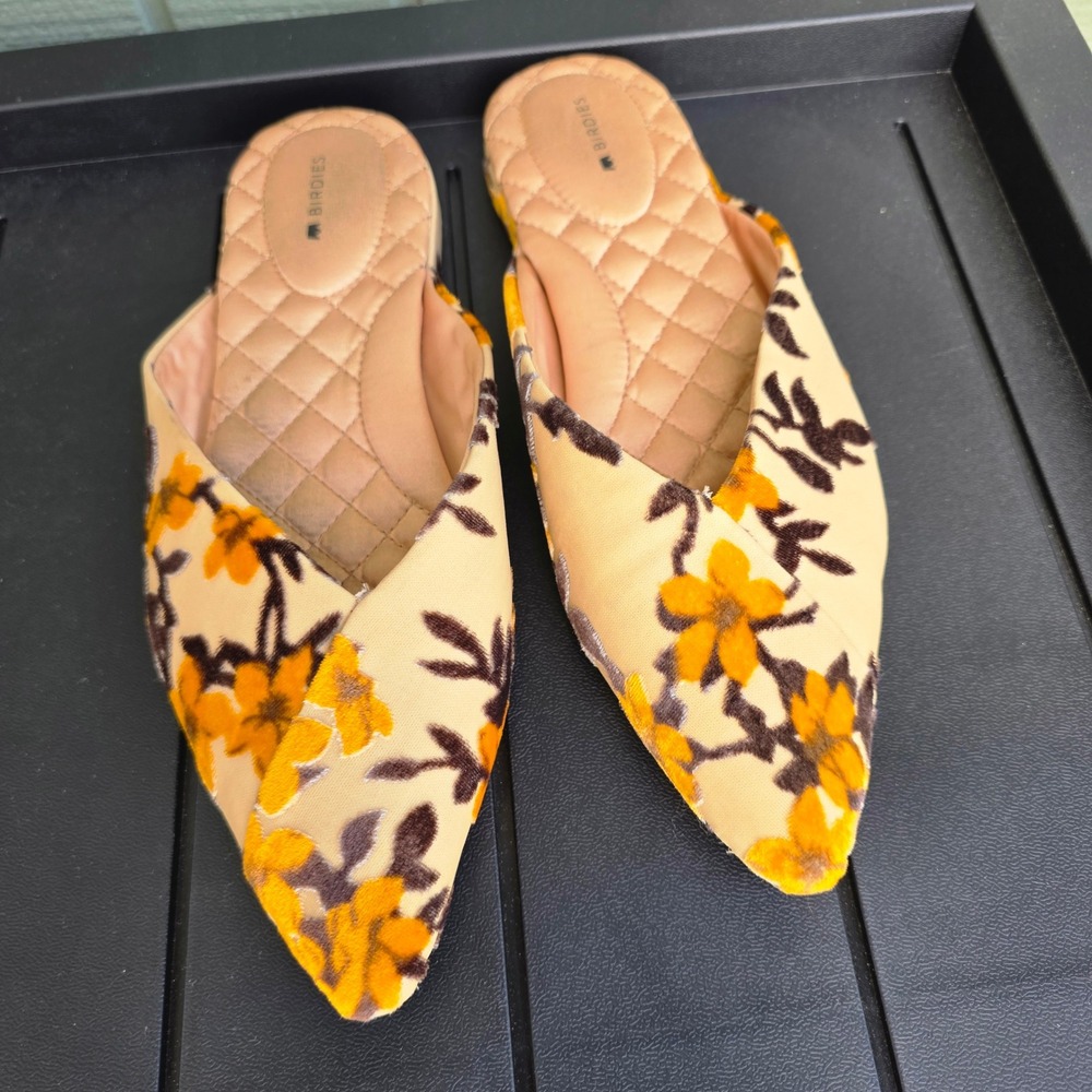 Birdies The Swan Floral Velvet Pointed Toe Mules Tan Yellow Womens 9 - Picture 2 of 7